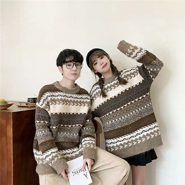 男女兼用 長袖 カップルお揃いで ご夫婦 カップルウェア ペアセーター モカ ニット クルーネック カッ..