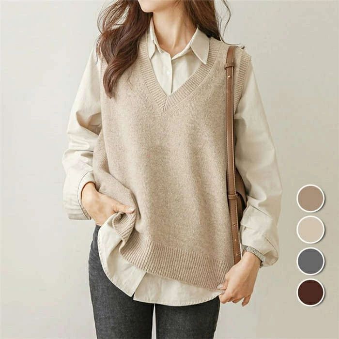 体型 着痩せ 通勤 ゆったり カジュアル韓国風 ニットベスト Vネック 無地 ノースリープ ベストセーター 春秋冬 40代 レディース