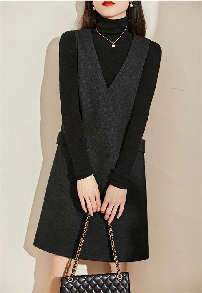 フォー ジャンスカ 大きいサイズ 大人 膝丈 オールインワン レディース 無地 ノースリーブ Vネック きれいめ ワンピース 冬 秋