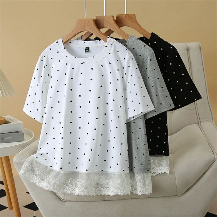 切り替え レース オシャレ ドット柄 丸首 Tシャツ tシャツ 切り替え ラウンドネック ドット柄 半袖 カットソー