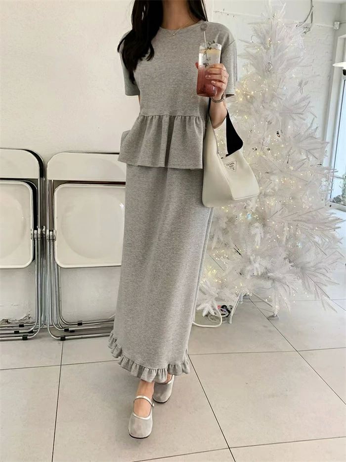 ロング 上下セット キレイめ 半袖 夏 春 カットソー セットアップ tシャツ セットアップ スカート 2点セット