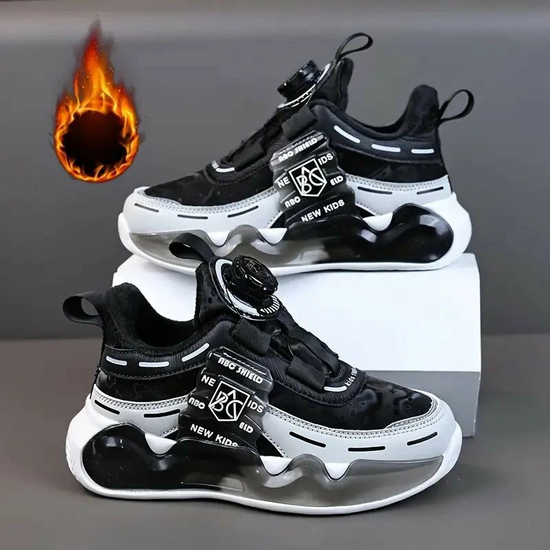 回転ボタン付きカジュアルウォームプラッシュ裏地ランニングシューズ、男の子用、軽量滑り止め付きスニ..