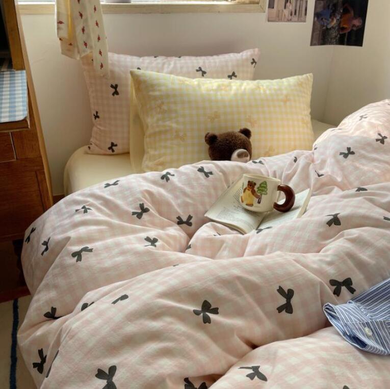 きれい チェック柄 蝶可愛いリボン 3点セット 寝具カバーセット ボックスシーツ/フラットシーツ 掛け布団カバー