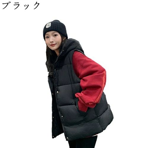 冬 中綿ベスト ダウンベスト レディース 学生 ノースリーブ もこもこ フード付き ファスナー付き ポケット ゆったり