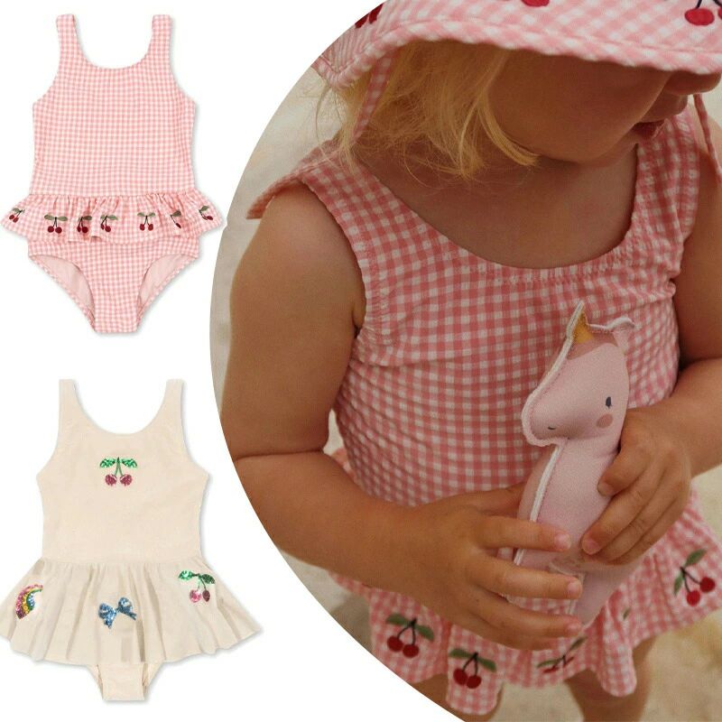 オールイ 女児 キッズ水着 フリル 刺繍 ラメのチェリー チェック タンクトップ式 ノースリップ ワンピ..