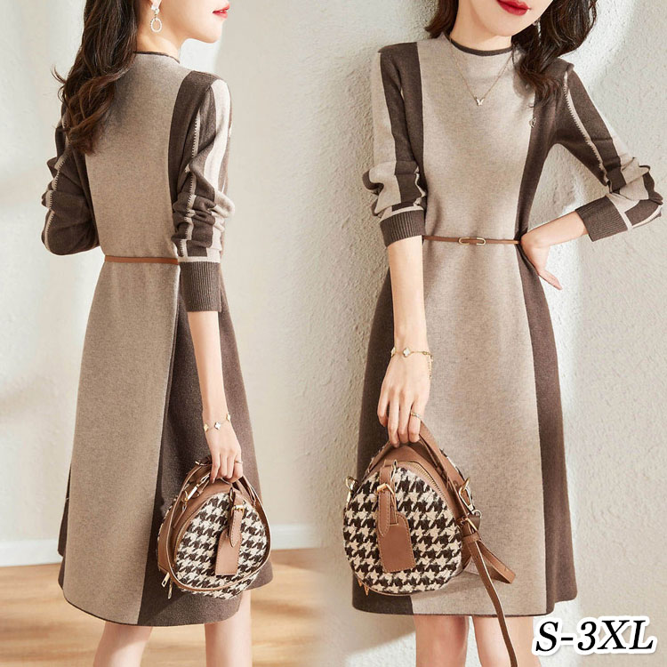 入学 ニット ワンピース 卒業式 ブラウン タイトお仕事 冬 ベージュ 長袖 Aライン スカート ミセス きれいめ オフィスカジュアル(4.0)