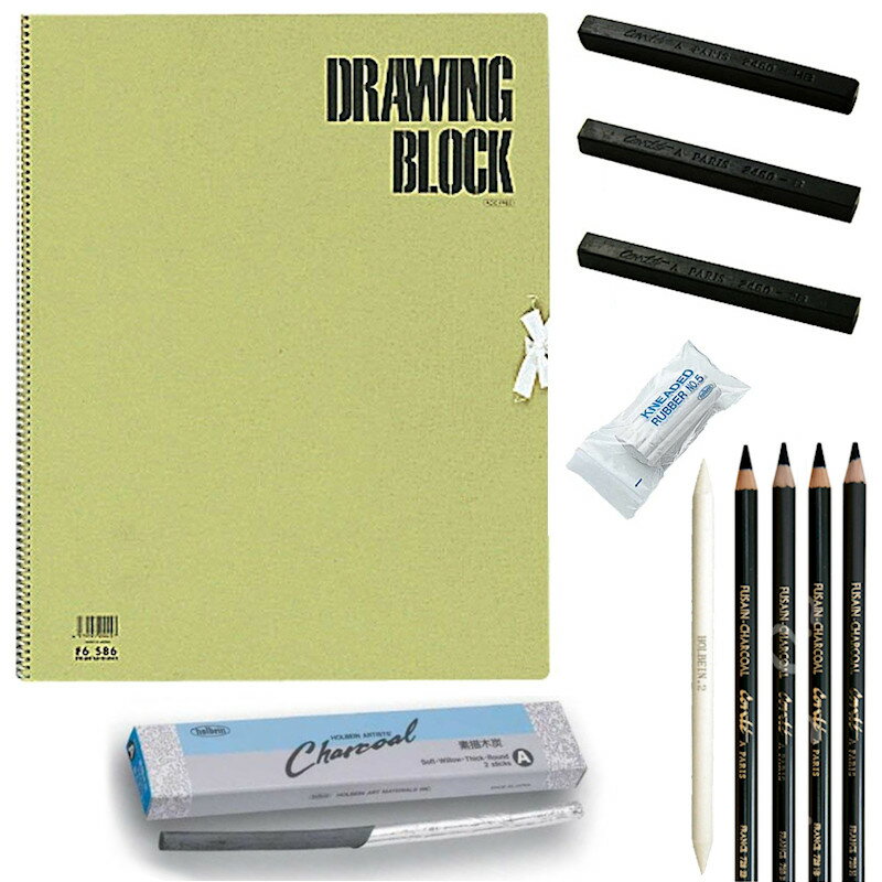 木炭デッサン入門セット　オリジナル 画材セットスケッチブック 素描木炭 練り消し サッピツ コンテ コンテペンシル チャコール 美術　セット 擦筆 木炭のサムネイル
