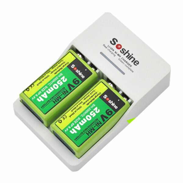 【領収書発行可能】Li-ion/Ni-MH両方対応006P角型9V充電池充電器（ニッケル充電池2個付き）/Li-ionとNi-MH電池を同時充電可能