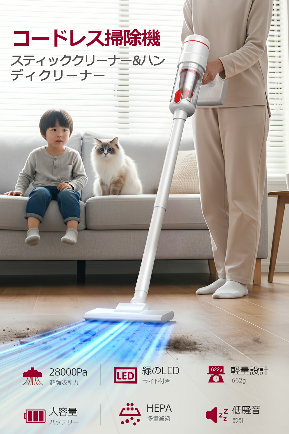【COUPONで5,490円・激安SALE】 掃除機 コードレス 軽い 28000pa 超強力吸引 1台2W...
