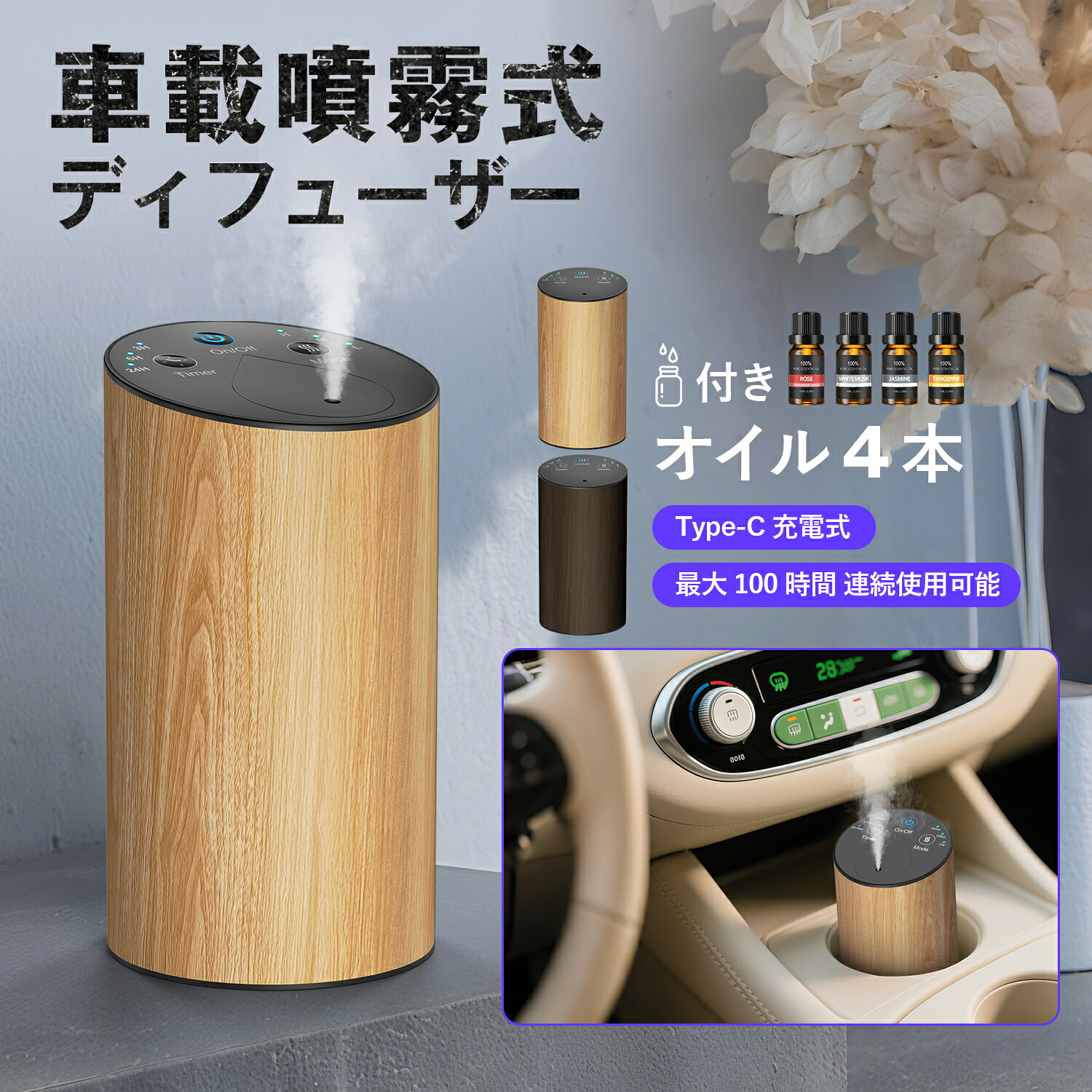 【精油4本無料】車用 ディフューザー 噴霧式 3段階ミスト量調整 3段タイマー機能 水なしType-C充電式 小型 アロマ ネブライザー 自動噴霧式 静音 オイル漏れ防止 車載ディフューザー 軽量 持ち運び 日本語取扱説明書付き