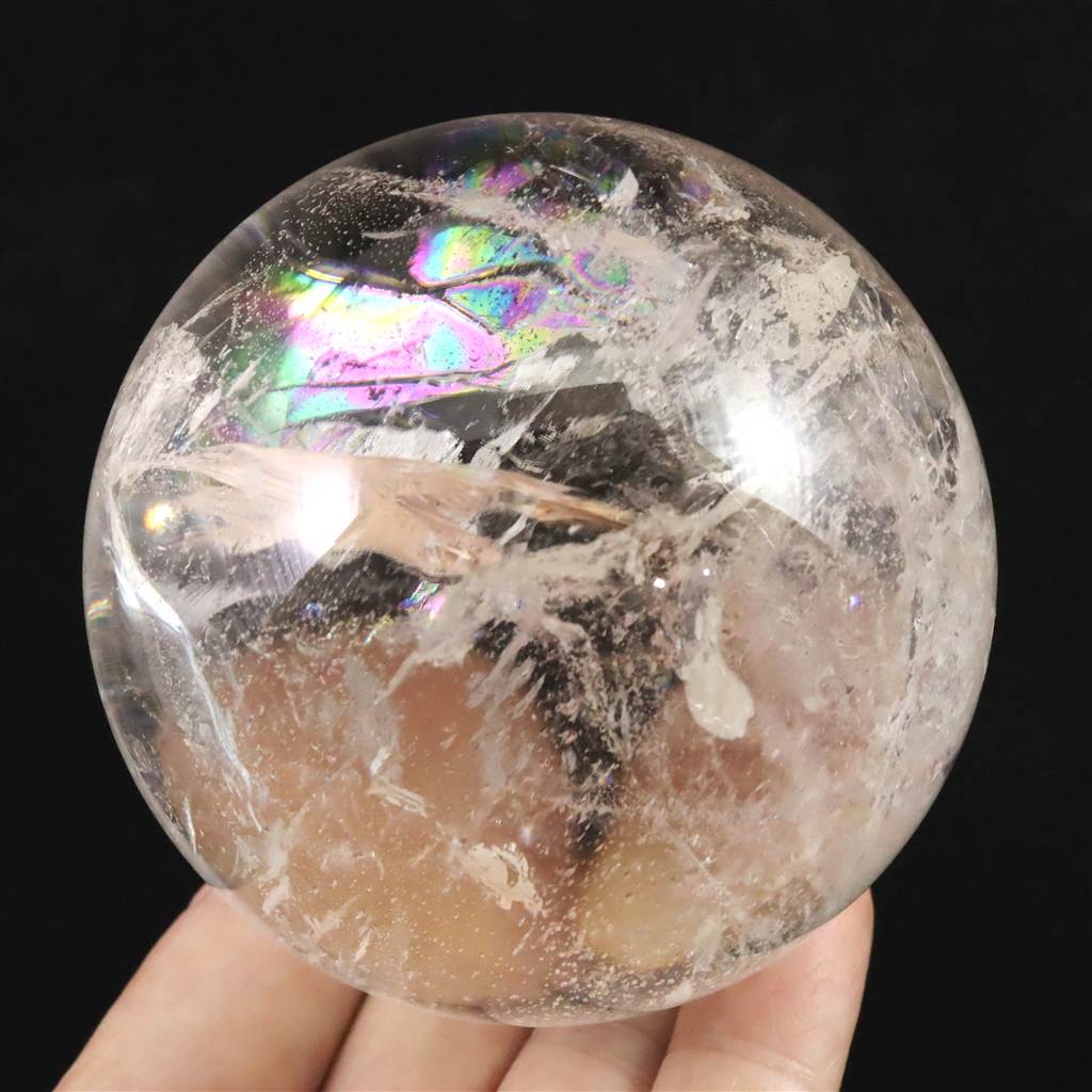 ブラジル産 天然水晶 74mmスフィア 丸玉 レインボー アイリスクォーツ 台...