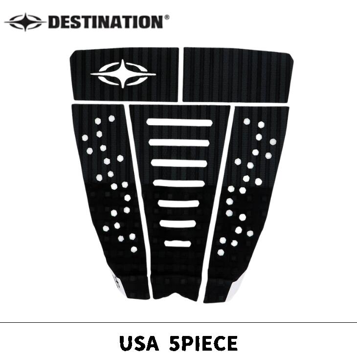 DESTINATION TRACTIONトラクション　USA　5PC　サーフィン用デッキパッドUltra Light. Maximum Control. 5ピース構造で自由自在なセッティングが可能なパフォーマンスモデル。SPECIFICATIONS5ピース長さ323.8mm最大幅361.9mmアーチバー高さ9.52mmキック高さ28.5mmグリップパターンHYPER EMBOSS + HOLE PATTERN品番: DS-032E0426A0　JAN: 4580370124965FEATURES● LIGHTWEIGHT EVA● HIGH GRIP PATTERN● 3M ADHESIVE● HYPER EMBOSS SYSTEM● DOUBLE BLOCK KICK● HOLE PATTERNDESCRIPTIONボード形状に合わせて細かくセッティングできるデザインです。高品質・最軽量のULTRA LIGHT EVA FOAMに高圧プレスエンボス加工を採用。ホールパターンによる軽量化と柔軟なフィット感を実現し、ダブルブロックキックが確実なフットホールドと優れたグリップ力を生み出します。▸ スタッフアドバイス5ピース分割設計によりボードのテール形状に合わせた自由なセッティングが可能です。ホールパターンで軽量化と水抜けも優秀。使用するボードが複数あって1枚のパッドをフレキシブルに使い回したい方や、セッティングにこだわりたい上級者に特におすすめです。BeachCulture Direct — DESTINATION TRACTIONメーカー希望小売価格はメーカーカタログに基づいて掲載しています。こちらからご確認ください