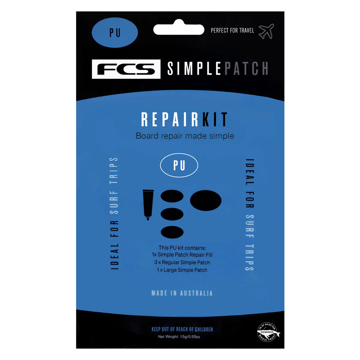 FCS ｜ BOARD REPAIRREPAIR KIT（リペアキット）バリューパック。5〜6回の修理に対応し、サーフトリップの携行に最適なリペアキットです。内容：SIMPLE PATCH ラージ 1枚／SIMPLE PATCH レギュラー 3枚／REPAIR FILL 1本ボードの素材に合わせてPUまたはEPOXYをお選びください。スペックブランドFCS（エフシーエス）セット内容パッチ ラージ1・レギュラー3／充填剤1タイプPU用 / EPOXY用生産国オーストラリア（バリナ）使い方STEP手順1補修面を清掃・乾燥させる傷の周囲の砂・汚れ・ワックスを落とし、完全に乾燥させます。2深い傷はREPAIR FILLで埋めるくぼみや穴があるときは、付属のREPAIR FILLで充填して平らにならし、日光で硬化させます。3SIMPLE PATCHを貼る傷の大きさに合わせてラージまたはレギュラーのパッチを貼り、直射日光に約10分当てて硬化させます。PUとEPOXYの選び方PU（ポリウレタン）一般的なポリウレタンフォーム＋ポリエステル樹脂のサーフボード用EPOXY（エポキシ）EPSフォーム＋エポキシ樹脂のサーフボード用※ボードの素材に合わせてお選びください。素材が分からない場合はご購入店にご確認ください。メーカー希望小売価格はメーカーカタログに基づいて掲載しています。こちらからご確認ください