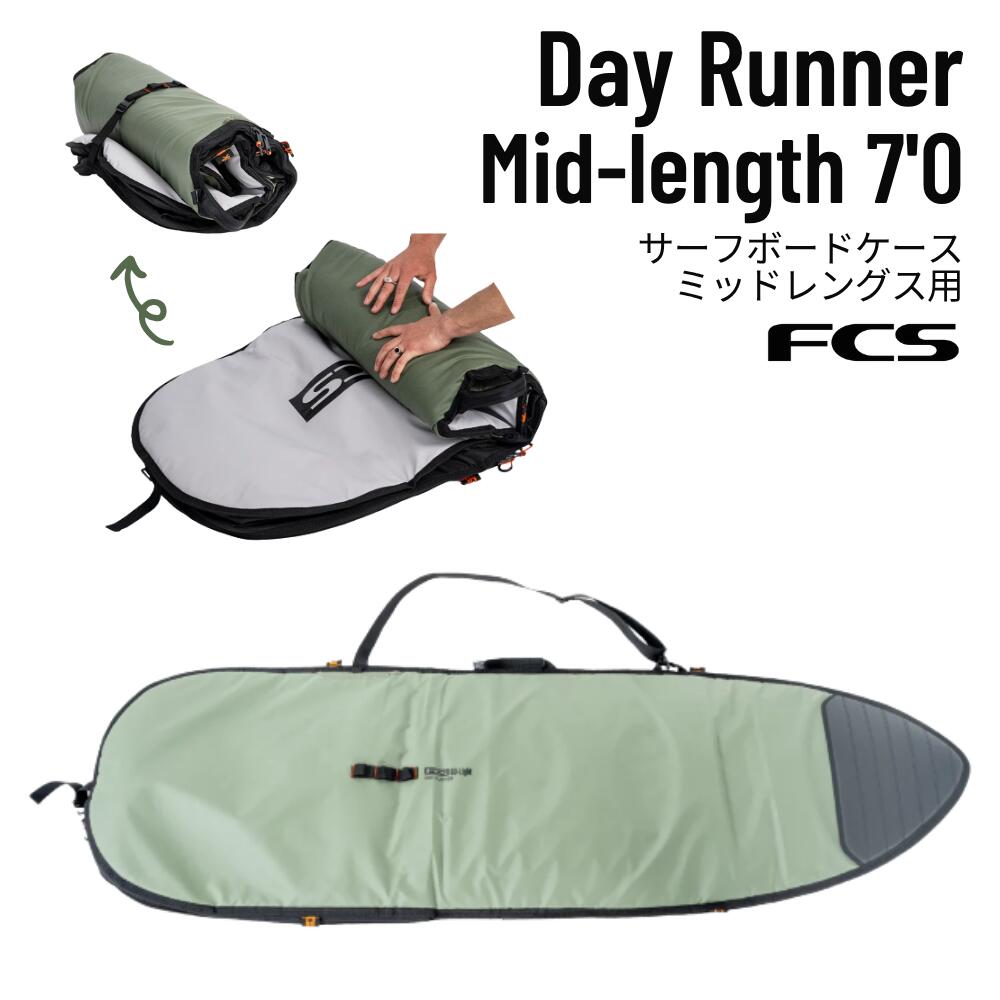 FCS GO-LIGHT ／ DAY RUNNERFCS デイランナー ミッドレングスカバー毎日の相棒。7mmパッド＋ロール＆ストウの王道デイカバー。アップグレードされた7mmパッド入りボディに、5mmノーズ衝撃保護プレートを装備。防水・耐摩耗の600D PRCコートリップストップを採用し、日常使いから週末のストライクミッションまで頼れる、デイカバーの王道モデルです。製品スペックパッド厚7mmシェル素材600D 防水・耐摩耗 PRCコート リップストップカバー厚20mmノーズ保護5mm 高密度EVAプレートジッパーマリングレード収納システムロール＆ストウModuLink™連結対応カラーAlpineサイズ・寸法（ミッドレングス）サイズ寸法（長さ×幅×厚）重量6'7"2150×670×20mm3.05kg7'0"2235×680×20mm3.20kg7'6"2390×680×20mm3.35kg8'0"2540×700×20mm3.50kg※ FinThrottle（フィン装着のまま収納できる拡張ガセット）：対応主な機能■600D 防水・耐摩耗シェル／PRCコートのリップストップが水の浸入を防ぎ、長く使えます。■7mm フォーム保護／厚めのパッドパネルでボードをしっかりガード。■5mm EVAノーズ保護／新設計のノーズ衝撃保護プレートを採用。■ロール＆ストウ／使わない時はコンパクトに巻いて収納できる収納システム。■クイックスタッシュ肩紐／チェックインやルーフ固定時に肩紐を素早く収納。■ModuLink™ 連結ループ／GO-Lightカバー同士をスタックして連結可能。メーカー希望小売価格はメーカーカタログに基づいて掲載しています。こちらからご確認ください。FCS GO-LIGHT COLLECTIONDAY RUNNER ミッドレングス COVERFCS デイランナーカバー2026 NEW MODEL ／ GO-Light毎日の相棒。7mmパッド＋ロール＆ストウの王道デイカバー。アップグレードされた7mmパッド入りボディに、5mmノーズ衝撃保護プレートを装備。防水・耐摩耗の600D PRCコートリップストップを採用し、日常使いから週末のストライクミッションまで頼れる、デイカバーの王道モデルです。主な機能600D 防水・耐摩耗シェルPRCコートのリップストップが水の浸入を防ぎ、長く使えます。7mm フォーム保護厚めのパッドパネルでボードをしっかりガード。5mm EVAノーズ保護新設計のノーズ衝撃保護プレートを採用。ロール＆ストウ使わない時はコンパクトに巻いて収納できる収納システム。クイックスタッシュ肩紐チェックインやルーフ固定時に肩紐を素早く収納。ModuLink™ 連結ループGO-Lightカバー同士をスタックして連結可能。GO-Light カバー 3シリーズ比較項目ClassicDay RunnerDay-Xパッド厚5mm7mm10mmカバー厚15mm20mm50〜60mmシェル420D 防水PU600D 耐摩耗600D 耐摩耗ノーズ/テールノーズノーズノーズ＋テール位置づけ軽量ベーシック王道デイデイ＆トラベル最高峰サイズ・スペック（ミッドレングス）サイズ寸法（長さ×幅×厚）重量6'7"2150×670×20mm3.05kg7'0"2235×680×20mm3.20kg7'6"2390×680×20mm3.35kg8'0"2540×700×20mm3.50kg※ FinThrottle（フィン装着のまま収納できる拡張ガセット）：対応