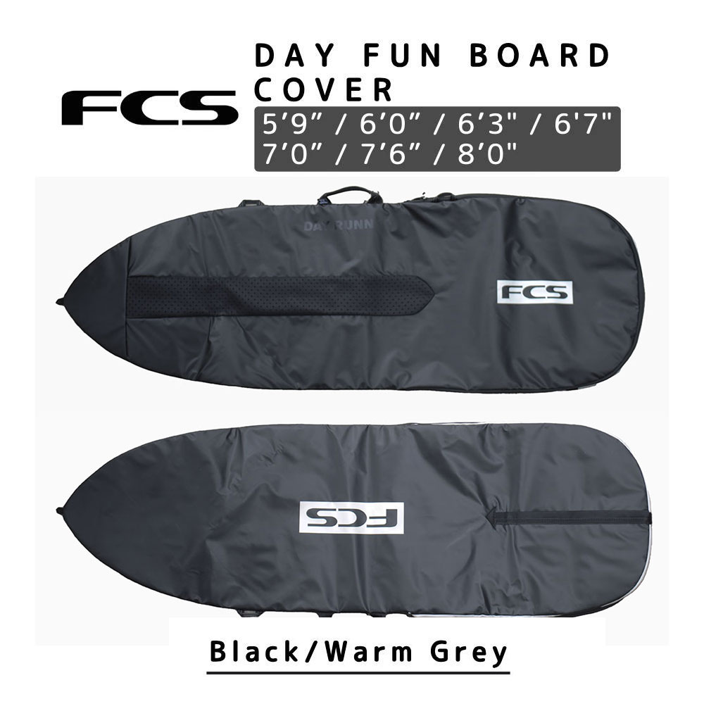 新しいデイカバー。超軽量で丈夫、ビーチへの往復に最適なデイリーユースのカバーです。 FCS DAY FUNBOARD COVER 　・ワイドフィット：フィッシュやファンボードのシェイプに合わせて設計されています 　・軽量：ボードバッグの重量を最小限に抑える軽量素材。前モデルより30%軽量化 　・5mmの高密度パッド：日常使用に最適なプロテクション 　・コンター・ストレッチ・フィット：ユニークなアルマジロストリップにより内室を通気し、乾燥状態を維持します 　・3Dレイルプロテクション：レール部分から輪郭形状に内蔵されたレイヤーフォームにより優れた保護性とフィッティングを提供します 　・拡張可能なフィンウィング：フィンを付けたままでも、フィン無しでもボードを持ち運ぶことができます 　・人間工学に基づいたショルダーストラップ：二重構造で通気性に優れ、運搬を快適にします 　・マリーングレード・ジッパー：強度、耐久性、耐焼付性に優れています 〇サイズ：6’7” カバーサイズ：6'7" 最大ボード長*：6'8" 最大ボード幅*：22 1/2" / 573mm カラー：Black/Warm Grey メーカー希望小売価格はメーカーカタログに基づいて掲載しています。こちらからご確認ください