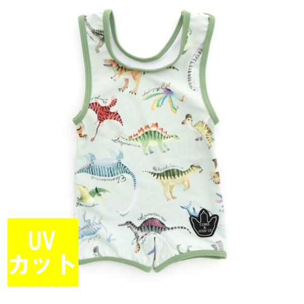 ★★お試し送料250円★★BIT'Z　 恐竜図鑑総柄グレコ水着/UVカットつなぎ水着　きょうりゅう柄/80cm/90cm　男児男の子のはじめての水着/