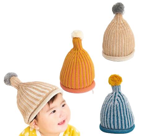 送料サービス★コーンニット帽子/秋冬用/手編み風とんがり帽/SSサイズ/46-48cm/かわいい/雪遊び/通園/スキー/暖かいベージュ/ピンク/ネイビー