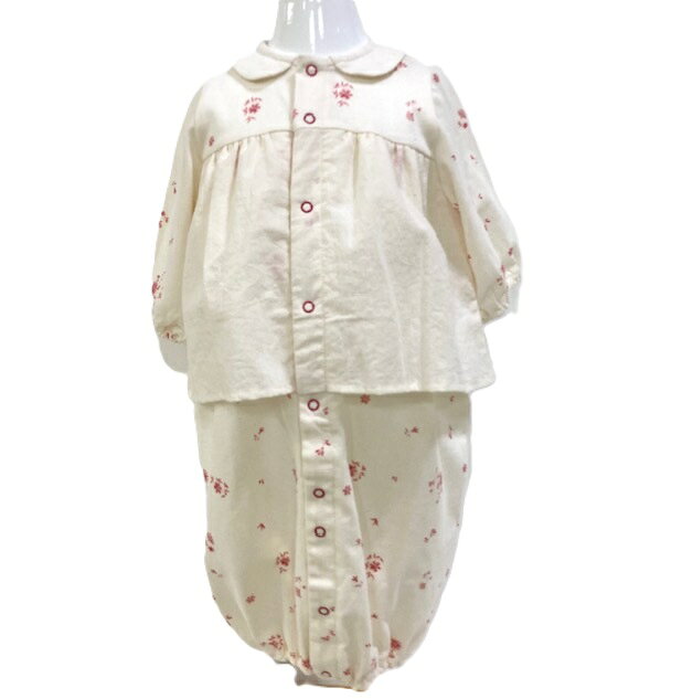 【品質】　　 本体　　　綿100%　 日本製 ☆股ボタンをはめ変えるとズボン型になります☆ 柄　ネージュ/上品な小花柄 ・おんなのこらしいデザイン ・襟付き・フリル付きの上品な2WAYドレス ・襟付き2WAYドレスで、セレモニーなどおよばれの時のお洋服としてもお使いいただけます。 ●メーカー希望小売価格はメーカー商品タグに基づいて掲載しています 　 表示サイズ 参考年令 身長 体重 帽子（表示） シューズ・ソックス 70 6ヶ月 70(cm) 9(kg) 46(cm) 11−13(cm) 80 1歳 80(cm) 11(kg) 48(cm) 12−14(cm) 90 2歳 90(cm) 13(kg) 50(cm) 13−15(cm) 95 3歳 95(cm) 14(kg) 52(cm) 13−15(cm) 100 4歳 100(cm) 16(kg) 54(cm) 15−16(cm)　