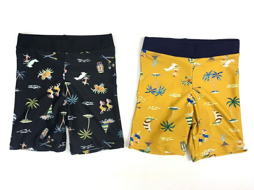 ★送料込★【OCEAN&GROUND】水着　水泳パンツ　海水パンツ男の子　ぴったりフィット　スイムパンツ　アロハ柄90cm・100cm/ブラック/マスタードオーシャンアンドグラウンド