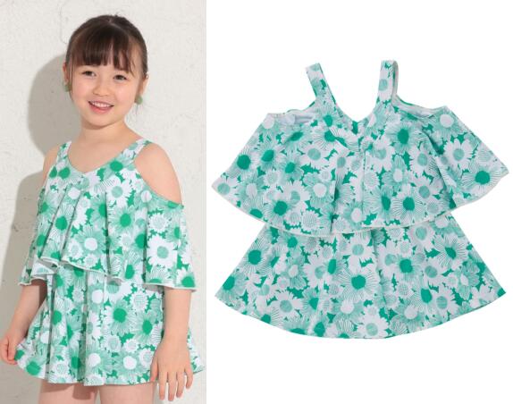 送料込み　NEW【OCEAN&GROUND】GIRL'S 水着レイヤードワンピースオフショルダー/女の子/レトロフラワー/大人モダンオーシャンアンドグラウンド