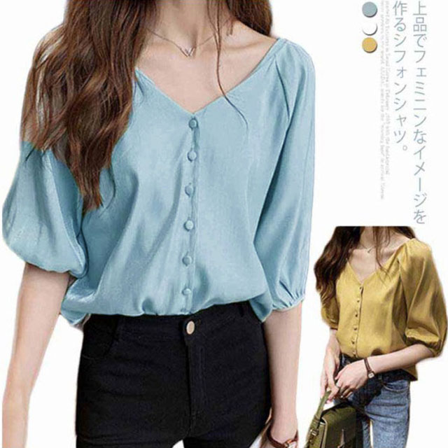 Rakuten - シャツ シフォン ブラウス 5分袖 着痩せ Vネック シフォンシャツ 薄手 ボリューム袖 トップス シンプル レディース ゆったり カジュアル お洒落