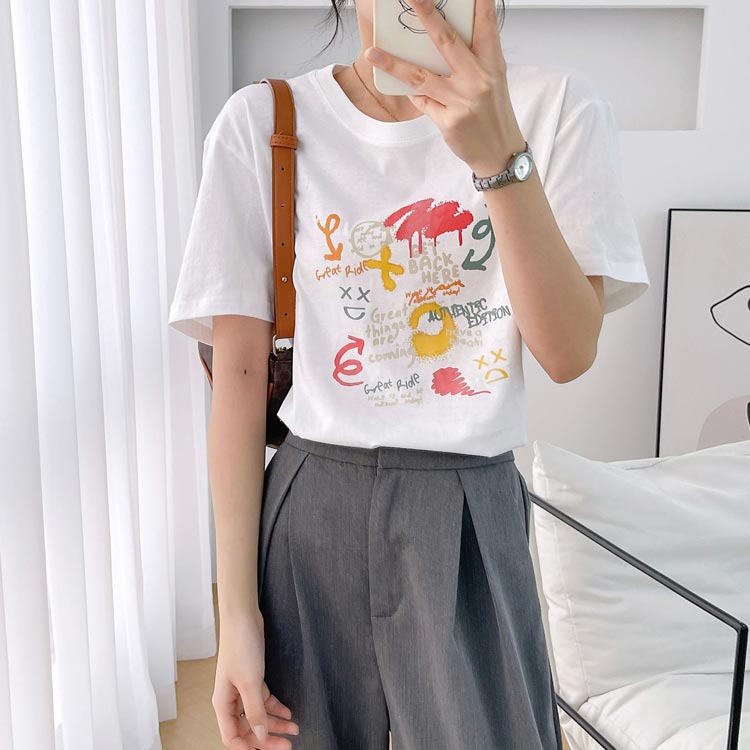【楽天スーパーSALE】ロゴ カットソー クルーネック 大きいサイズ Tシャツ 半そで レディース レディース プリント クルーネック ロゴプリント 半袖 綿 丸首 ロゴTシャツ 夏服 夏 服 コットン 綿混 ゆったり ティーシャツ ent-select-10006582 ENT-SELECT サンプル画像3