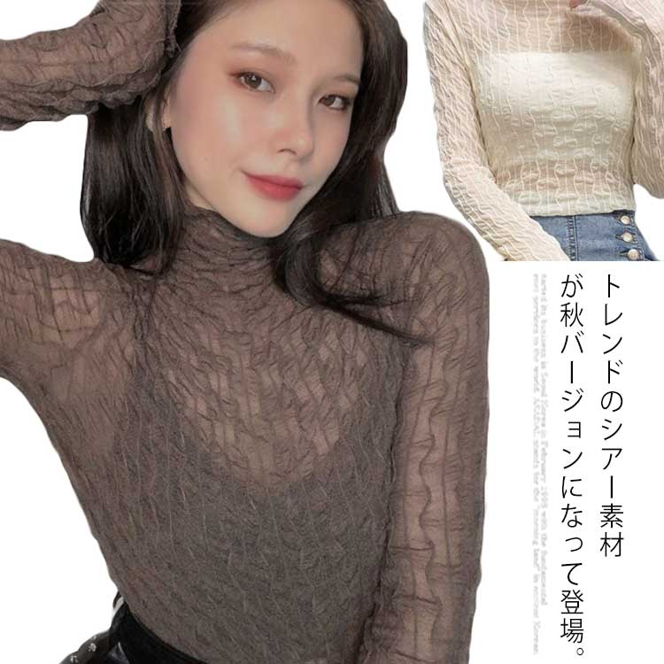 樂天商城 - シアートップス シースルー レディース 長袖 ハイネック メロウ インナー 透け感 レイヤード コーデ 重ね着 薄手 きれいめ かわいい セクシー 波 ライン 模様 韓国 茶色 ベージュ ブラック ホワイト 人気 トレンド 無地 ストレッチ S-3L
