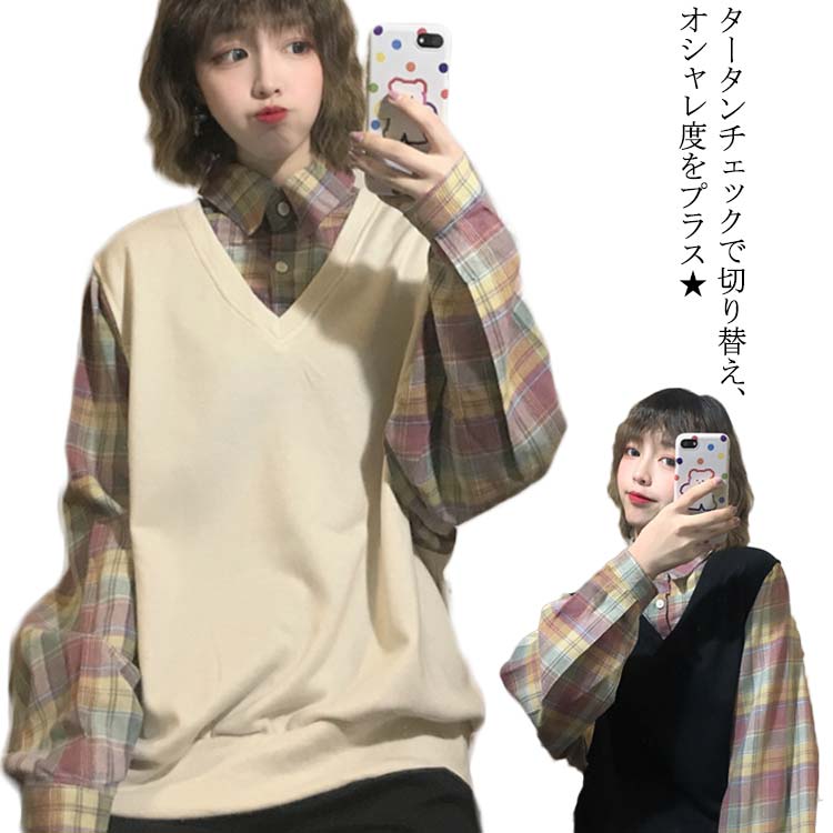 樂天商城 - タータンチェック レディース レイヤードシャツ 長袖シャツ 重ね着風 フェイクレイヤード 切り替えシャツ 長袖 チェック柄 格子柄 トップス プルオーバー お洒落 カジュアル 秋物 冬新作