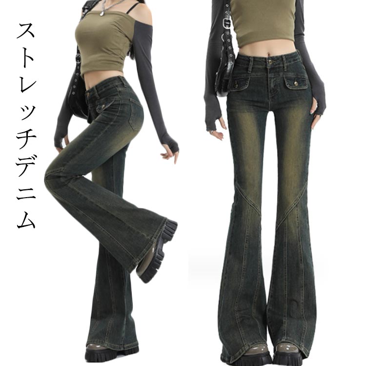 乐天商城 - 韓国ファッション フレア ブラックデニム デニム レディースパンツ 40代 ジーンズ デニムパンツ レディース フレア カットオフ スーパーストレッチ ブーツカット ベルボトム 美脚パンツ おしゃれ 可愛い 大人 韓国ファッション