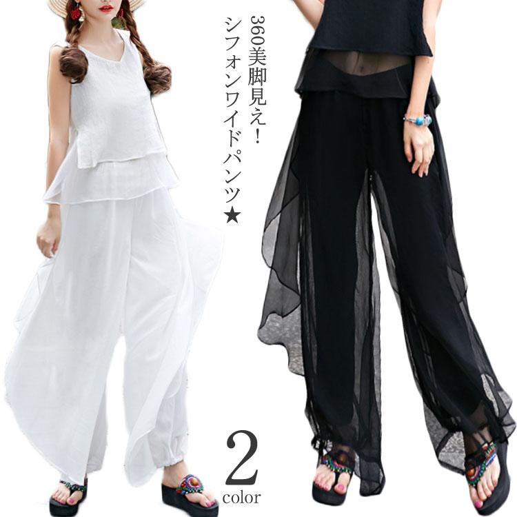 乐天商城 - シフォン ワイドパンツ スカーチョ レディース シフォン ガウチョパンツ フレアパンツ スカーチョ ガウチョ パンツ 春夏 ロングパンツ