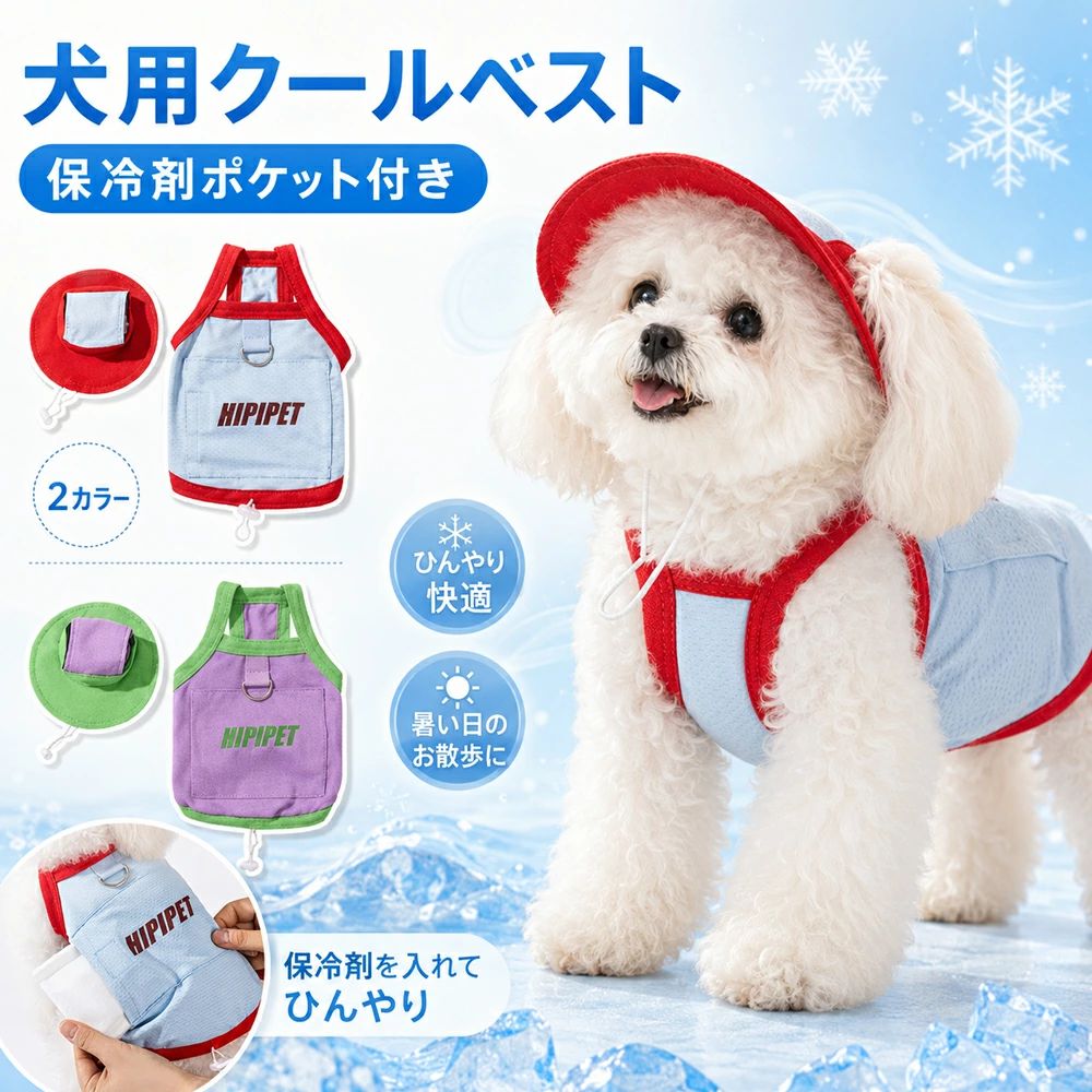 商品情報 検索キーワード 犬 クールベスト 保冷剤ポケット付き 帽子付き ハーネス一体型 犬服 夏 ひんやり 冷感 冷却ベスト メッシュ 涼しい 暑さ対策 紫外線対策 UPF50+ 小型犬 中型犬 ドッグウェア お散歩 お出かけ ペット服 ブルー パープル サイズ案内 【素材】 通気性のよいメッシュ生地を使用。軽やかな着心地で、春夏のお散歩やお出かけにおすすめです。縁部分はやわらかなパイピング仕様で、体に沿いやすいデザインです。 【サイズ】 ご購入前に、愛犬の「背丈・胸囲・胴囲」を必ずご確認ください。犬種・毛量・体型により着用感が異なるため、迷った場合はゆとりのあるサイズをおすすめします。 【採寸注意】 平置き採寸のため、1〜3cm前後の誤差が生じる場合があります。 【使用注意】 保冷剤の冷たさの感じ方には個体差があります。長時間の連続使用は避け、愛犬の様子を見ながらご使用ください。 商品特徴 保冷剤ポケット付きで、夏のお散歩をひんやりサポート 背中のポケットに保冷剤を入れるだけ。暑い日のお散歩やお出かけ時に、愛犬の暑さ対策として使いやすいクールベストです。 帽子付きで、顔まわりの日差し対策にも便利 ベストと帽子がセットになったかわいいデザイン。サマーカットの子や、日差しが気になる季節のお散歩にもおすすめです。 ハーネス感覚で使える、リード装着OKの夏用ウェア 背面Dカン付きでリードを装着可能。通気性のよいメッシュ素材と裾調整コードで、軽やかにフィットします。こちらの商品には保冷剤（アイスパック）は付属いたしません。予めご了承くださいませ。