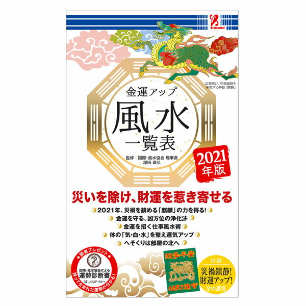 金運アップ風水一覧表2021年版　Surprise　サプライズブック　風水　方位　麒麟　平和　魔除け　財運　金運　禍除け　吉方位　凶方位　インテリア　丑年　風水協会　運　仕事運　コロナ禍　招財運　護符　運勢診断　開運　改運　中国　運気　アップ　招福