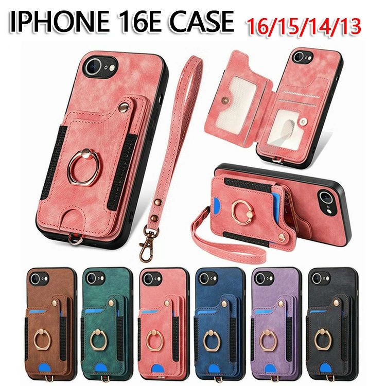 Rakuten - iPhone16e ケース 耐衝撃 iPhone16ケースカバー ストラップ付きiPhone15ケース PUレザー カード収納 iPhone14ケースiPhone13 持ち手 リ