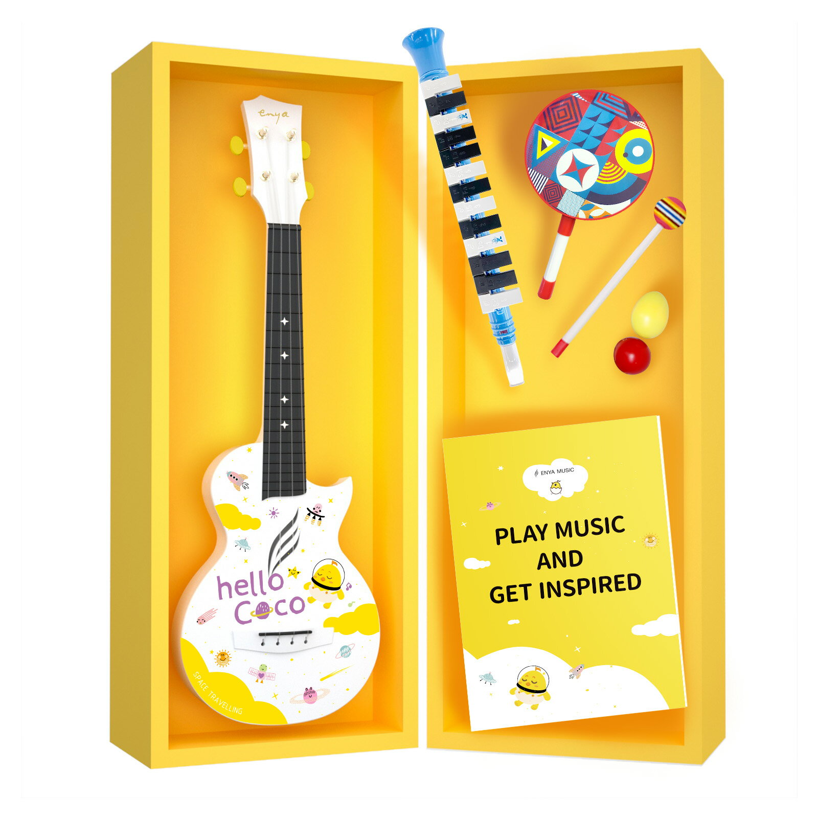 Enya Mini Coco 子供用おもちゃセット ソプラノカーボンファイバーウクレレ、13 キー メロディカ、エッグ シェイカー セット、ロリポップハンドドラム（スティック付き） 子供用おもちゃセット楽器玩具- 対象年齢3歳以上 5
