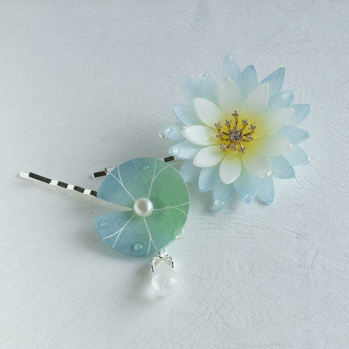 モネの『睡蓮』手作り プラ板 睡蓮のヘアピン 2点セット ハス 蓮の葉 髪飾り ヘアアクセサリー 簪 夏祭り パーティー ドレス 発表会 和装 洋装 髪飾り