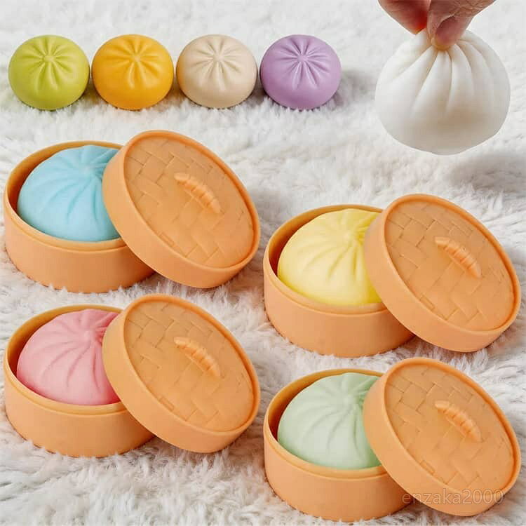 【送料無料】低反発肉まんスクイーズ 握って遊ぶ2セット入り 蒸篭付き6cm/8.5cm 収納ケース付 ぷにぷに 食品サンプル 中華まん ストレス解消 enzaka2000-10023589 HOMEGLOW サンプル画像2