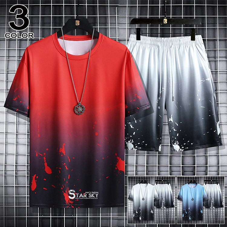 半袖 ジャージ上下 夏服 上下セット メンズ セットアップ プリントtシャツ ハーフパンツ ルームウェア カジュアル