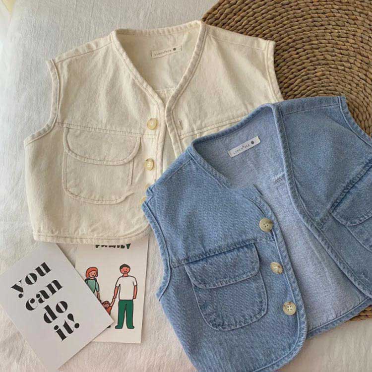 春秋 キッズ キッズ 子供服 デニムベストレイヤード シンプル 秋 前開き 無地 薄手...