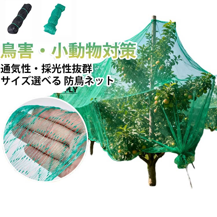 【鳥害・獣害対策に最適】果樹園や家庭菜園、ぶどう畑などの農作物を、鳥や小動物による食害からしっかり守ります。収穫前の大切な果実や野菜を効果的に保護できます。【雹・落葉対策にも活躍】丈夫なネット構造により、雹や落葉などによるダメージを軽減。天候による被害を抑え、作物の健やかな成長をサポートします。【高品質・高耐久素材】耐候性・耐紫外線性に優れたPE素材を採用。長期間の屋外使用でも劣化しにくく、繰り返し使用できるため経済的です。【通気性・採光性に優れる】ネット構造のため風通しや日当たりを妨げにくく、植物の生育環境を維持しながら害鳥対策が可能です。【取り付け簡単】軽量で扱いやすく、支柱やフェンスなどに固定するだけで簡単に設置できます。必要なサイズにカットして使用でき、さまざまな場所に対応します。【幅広い用途】ぶどう畑、果樹園、家庭菜園、野菜畑、イチゴ栽培、ブルーベリー農園、魚池・養殖池、養鶏場・養殖施設、ガーデニング・園芸、様々なシーンで活躍する多目的保護ネットです。 サイズ 幅5m×長10m 幅4m×長20m 幅4m×長15m 幅4m×長12m 幅4m×長10m サイズについての説明 幅5m×長10m 幅4m×長20m 幅4m×長15m 幅4m×長12m 幅4m×長10m 素材 PET 色 グリーン ブラック 備考 ●サイズ詳細等の測り方はスタッフ間で統一、徹底はしておりますが、実寸は商品によって若干の誤差(1cm～3cm )がある場合がございますので、予めご了承ください。 ●製造ロットにより、細部形状の違いや、同色でも色味に多少の誤差が生じます。 ●パッケージは改良のため予告なく仕様を変更する場合があります。 ▼商品の色は、撮影時の光や、お客様のモニターの色具合などにより、実際の商品と異なる場合がございます。あらかじめ、ご了承ください。 ▼生地の特性上、やや匂いが強く感じられるものもございます。数日のご使用や陰干しなどで気になる匂いはほとんど感じられなくなります。 ▼同じ商品でも生産時期により形やサイズ、カラーに多少の誤差が生じる場合もございます。 ▼他店舗でも在庫を共有して販売をしている為、受注後欠品となる場合もございます。予め、ご了承お願い申し上げます。 ▼出荷前に全て検品を行っておりますが、万が一商品に不具合があった場合は、お問い合わせフォームまたはメールよりご連絡頂けます様お願い申し上げます。速やかに対応致しますのでご安心ください。