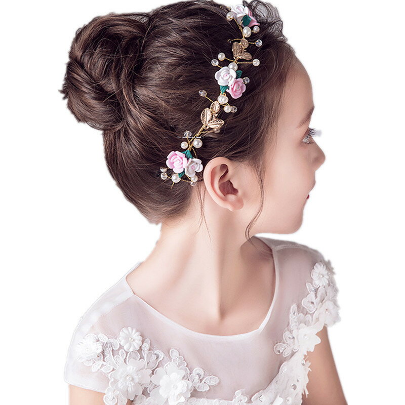 ヘアアクセサリー ヘッドドレス 子供 髪飾り 女の子 キッズ ティアラ カチューシャ 花 薔薇 リーフ ピンク ゴールド ホワイト パール 発表会 ピアノ 結婚式 ブライダル ウエディング 写真撮影 (HC17)