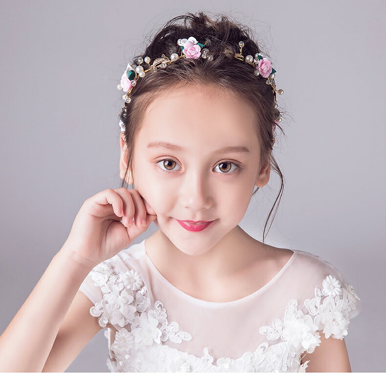 ヘアアクセサリー ヘッドドレス 子供 髪飾り 女の子 キッズ ティアラ カチューシャ 花 薔薇 リーフ ピンク ゴールド ホワイト パール 発表会 ピアノ 結婚式 ブライダル ウエディング 写真撮影 (HC17)