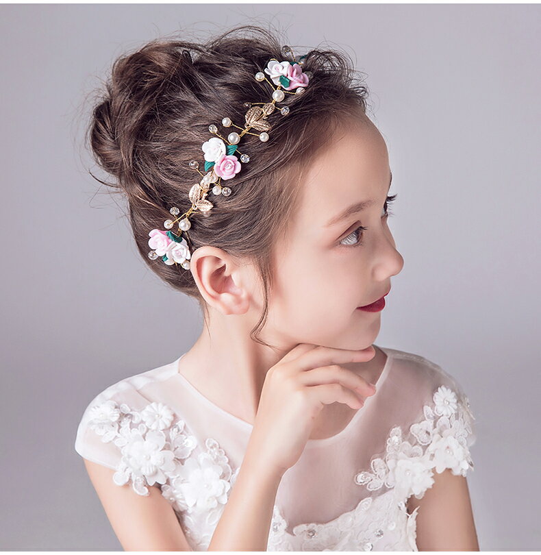 ヘアアクセサリー ヘッドドレス 子供 髪飾り 女の子 キッズ ティアラ カチューシャ 花 薔薇 リーフ ピンク ゴールド ホワイト パール 発表会 ピアノ 結婚式 ブライダル ウエディング 写真撮影 (HC17)