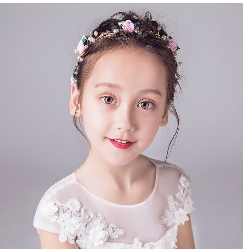 ヘアアクセサリー ヘッドドレス 子供 髪飾り 女の子 キッズ ティアラ カチューシャ 花 薔薇 リーフ ピンク ゴールド ホワイト パール 発表会 ピアノ 結婚式 ブライダル ウエディング 写真撮影 (HC17)