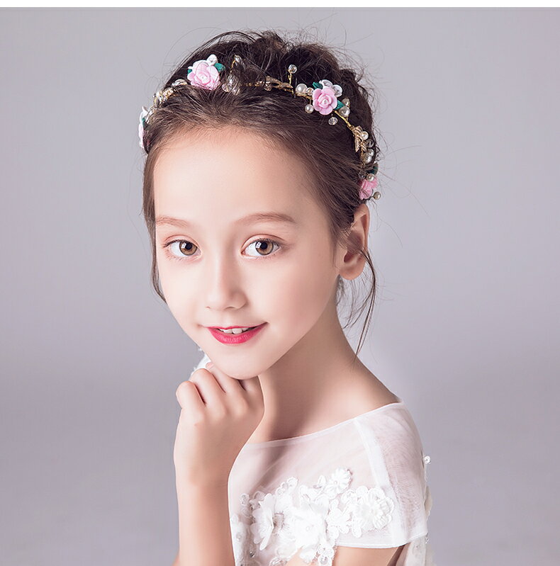 ヘアアクセサリー ヘッドドレス 子供 髪飾り 女の子 キッズ ティアラ カチューシャ 花 薔薇 リーフ ピンク ゴールド ホワイト パール 発表会 ピアノ 結婚式 ブライダル ウエディング 写真撮影 (HC17)