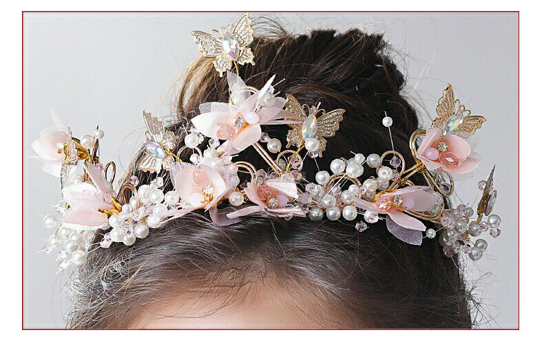 ヘアアクセサリー子供キッズ髪飾り豪華手作りフォーマルヘッドドレス結婚式入学式入園式卒園式発表会ピアノ発表会フォーマル小物プレゼントゴールドピンク蝶々パールビーズゴールド(MA16)