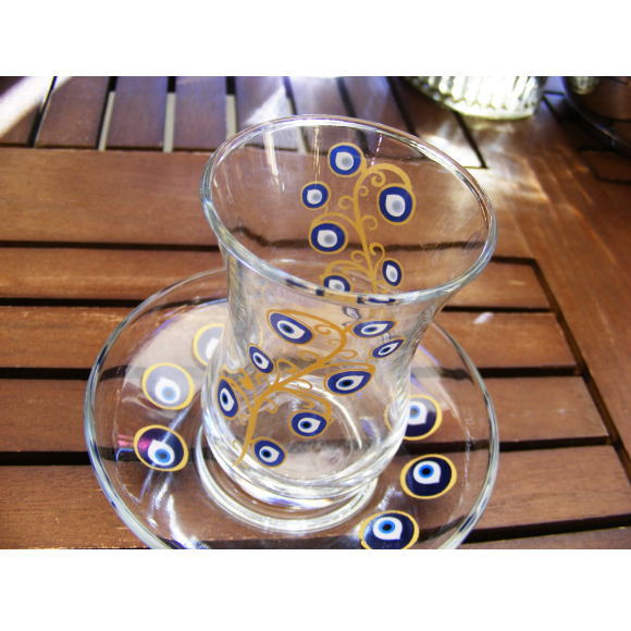 グラス チャイグラス ソーサー セット トルコ 雑貨 ナザールボンジュウ　フラワー (1脚）（ 紅茶 お茶 ギフト ティーカップ ティーセット ガラス ティーポット お土産 タンブラー）