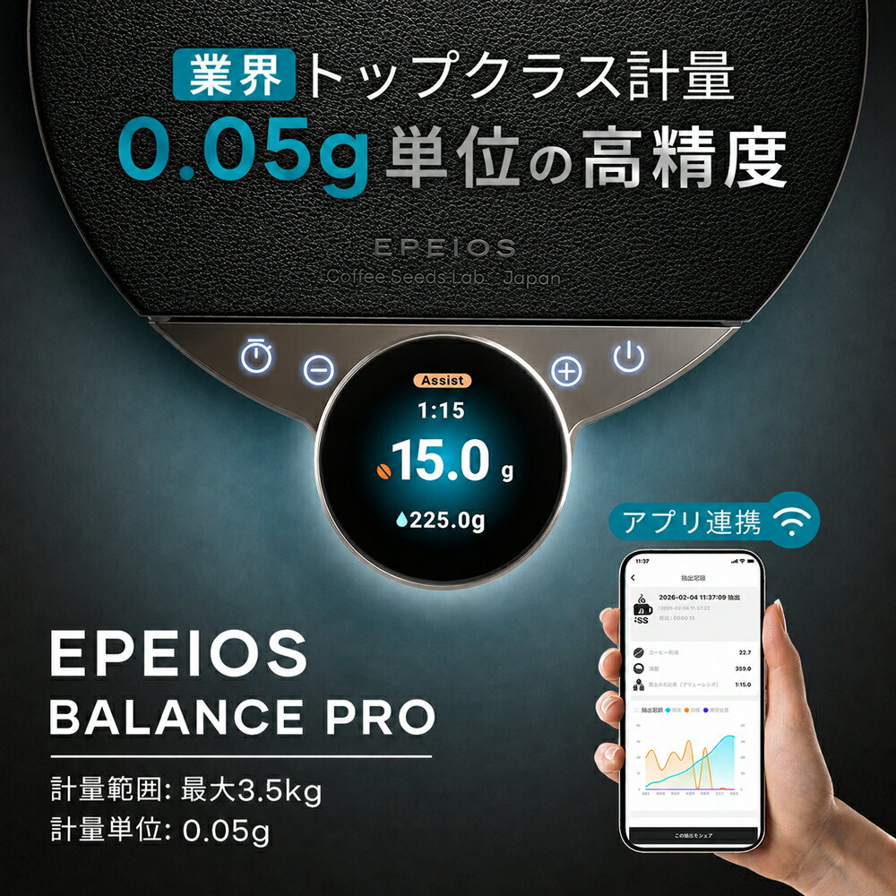 「新発売」EPEIOPS コーヒースケール Balance Pro スケール 0.05g単位 3.0kgキッチンスケール 精密計量器 デジタルスケール コンパクト 計量可能風袋引き機能 自動タイマー オートオフ機能 TypeC充電式 1000mAh 15h長時間連続待機 新生活 エペイオス