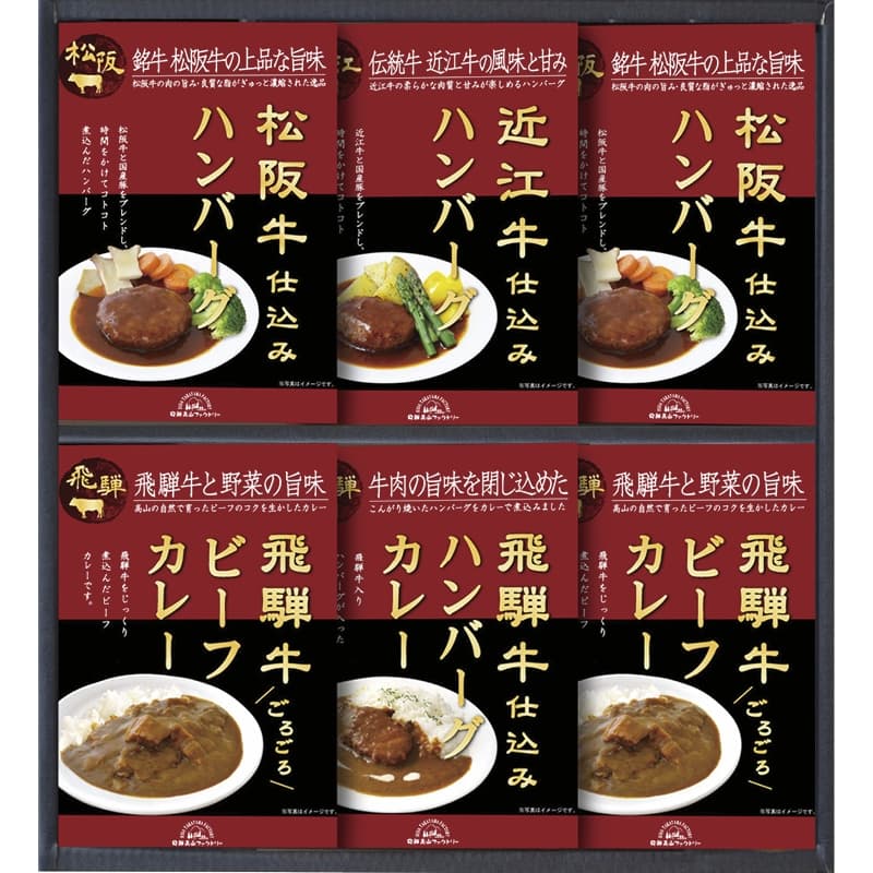 【送料無料】香典返し 飛騨高山ファクトリー 松阪牛・近江牛・飛騨牛仕込みハンバーグ＆カレー詰合せ H..