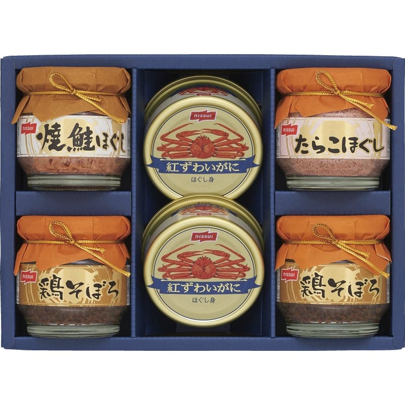 セット内容：紅ずわいがにほぐし身(55g)・鶏そぼろ(50g)×各2、焼鮭ほぐし・たらこほぐし(各50g)×各1箱サイズ：約17.3×24.1×7.4cm賞味期間：常温2年アレルギー：小麦・かに箱入重量：約1.4kg ※北海道・沖縄・離島など一部お届けできない地域、また別料金を頂く地域もございます。 あらゆるギフトシーンにどうぞ 内祝い お返し 出産 出産内祝い 出産祝い 結婚 結婚内祝い 御礼 快気祝い 快気内祝い 御見舞御礼 全快祝い お祝い 結婚式 引き出物 結婚祝い 結婚内祝い 引越しご挨拶 父の日 母の日 敬老の日 入学内祝い 入園内祝い 成人式 初節句 新築内祝い 粗品 記念品 二次会 景品 周年記念 コンペ景品 プレゼント 誕生日 お中元 残暑見舞い お歳暮 御年賀 贈答品 総合通販 一周忌 三回忌 法事引出物 香典返し 初盆 志 回忌法要 還暦御祝い 開店お祝い 退職 卒業記念品 お餞別 心ばかり 大量注文可 内祝 御返し 出産内祝 結婚内祝 お礼 快気祝 快気内祝 全快祝 御祝い 御祝 結婚式 引出物 結婚祝 御結婚お祝い 御結婚御祝 結婚御祝 結婚内祝 引越挨拶 引越御挨拶 挨拶 御挨拶 ごあいさつ ご挨拶 入学内祝 入園内祝 新築内祝 周年記念 ギフト 誕生日 中元 御中元 残暑見舞 残暑御見舞 歳暮 年賀 お年賀 法事 法要 法事引き出物 香典 還暦祝 還暦御祝 還暦お祝い 開店祝 開店御祝 開店御祝い 開店祝い出産祝い 餞別 旅行 メッセージカード無料 送料無料 カタログギフト