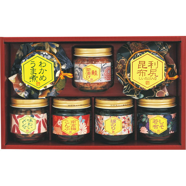 商品内容：わかめうま煮100g・鮭茶漬け65g・利尻昆布しいたけ入り80g・味わいメンマ75g・南高梅こんぶ100g・摘のり125g・しそ若布95g×各1賞味期間：製造より常温約730日アレルギー：【小麦】箱サイズ：約31.5×20×7.8cm箱重量：約2.4kg化粧箱入 ※北海道・沖縄・離島など一部お届けできない地域、また別料金を頂く地域もございます。 あらゆるギフトシーンにどうぞ 内祝い お返し 出産 出産内祝い 出産祝い 結婚 結婚内祝い 御礼 快気祝い 快気内祝い 御見舞御礼 全快祝い お祝い 結婚式 引き出物 結婚祝い 結婚内祝い 引越しご挨拶 父の日 母の日 敬老の日 入学内祝い 入園内祝い 成人式 初節句 新築内祝い 粗品 記念品 二次会 景品 周年記念 コンペ景品 プレゼント 誕生日 お中元 残暑見舞い お歳暮 御年賀 贈答品 総合通販 一周忌 三回忌 法事引出物 香典返し 初盆 志 回忌法要 還暦御祝い 開店お祝い 退職 卒業記念品 お餞別 心ばかり 大量注文可 内祝 御返し 出産内祝 結婚内祝 お礼 快気祝 快気内祝 全快祝 御祝い 御祝 結婚式 引出物 結婚祝 御結婚お祝い 御結婚御祝 結婚御祝 結婚内祝 引越挨拶 引越御挨拶 挨拶 御挨拶 ごあいさつ ご挨拶 入学内祝 入園内祝 新築内祝 周年記念 ギフト 誕生日 中元 御中元 残暑見舞 残暑御見舞 歳暮 年賀 お年賀 法事 法要 法事引き出物 香典 還暦祝 還暦御祝 還暦お祝い 開店祝 開店御祝 開店御祝い 開店祝い出産祝い 餞別 旅行 メッセージカード無料 送料無料 カタログギフト